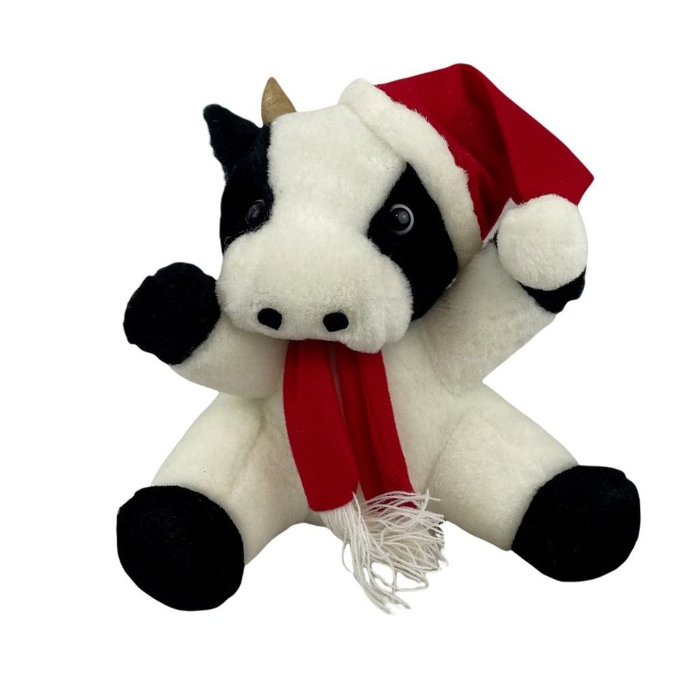 Black‎ & White Cow 10" Plush Stuffed Animal Gold Horns Red Christmas Hat Scarf